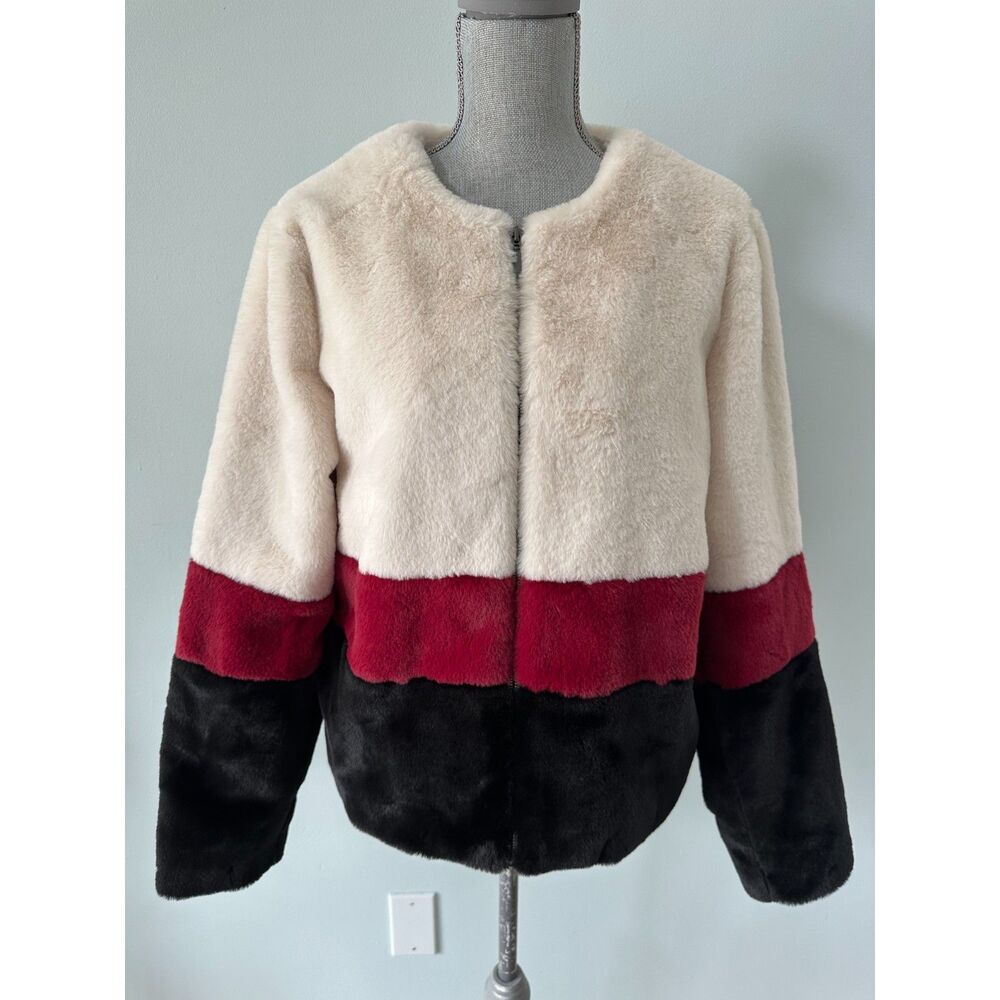 NWT Skinnygirl Faux Fur Color Block Jacket Cream Burgundy Black Zip Up size M